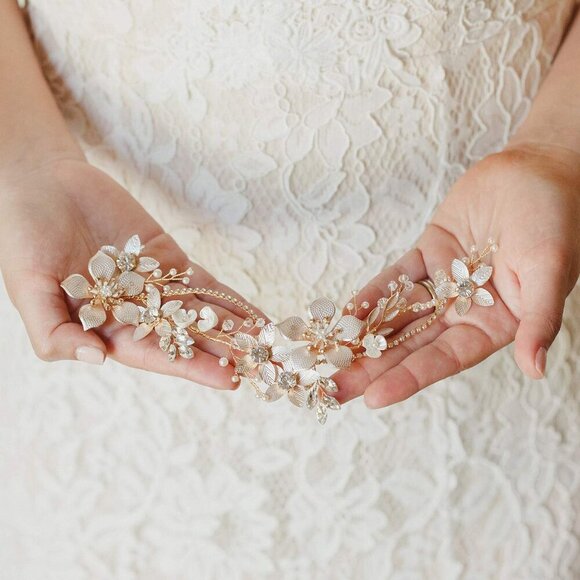 Gold Bridal Headpiece Pearl Crystal Flower Hair Vine for Weddings and Formal Eve main image 7
